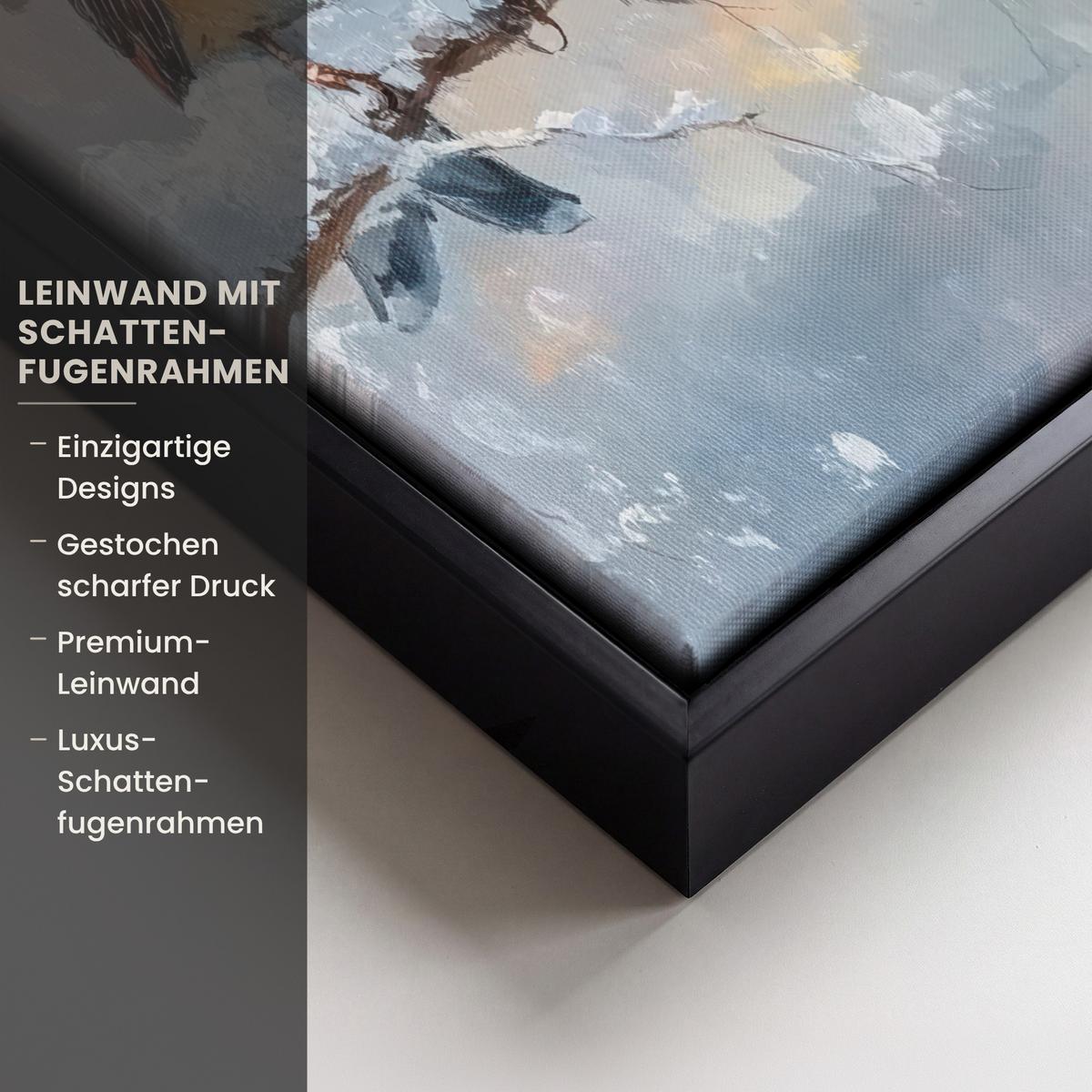 LEINWAND Bilder mit Rahmen - Vögel - Zweig - Winter - Schnee - 20x30 - Pastellblau, Textil (20/30cm) - MuchoWow
