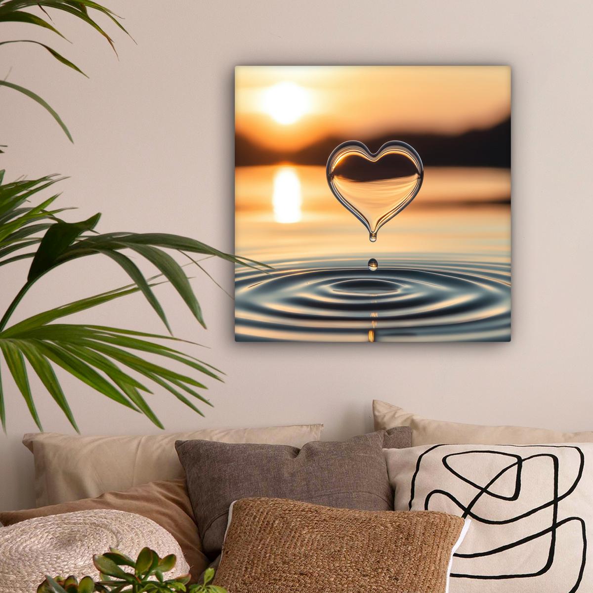 LEINWANDBILD Herz - Wasser - Sonnenuntergang - Natur - Zen Wandbild Wohnzimmer 50x50 cm - Bernsteinfarben, Textil (50/50cm) - MuchoWow