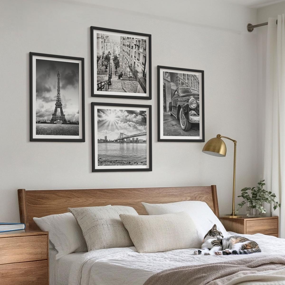 BILDER SET 4er Set - 50x50 cm & 40x60 cm Schwarzer Rahmen - Stadtansichten, Brücken, Eiffelturm, Auto - Schwarz, Kunststoff (50/50cm) - TULUP