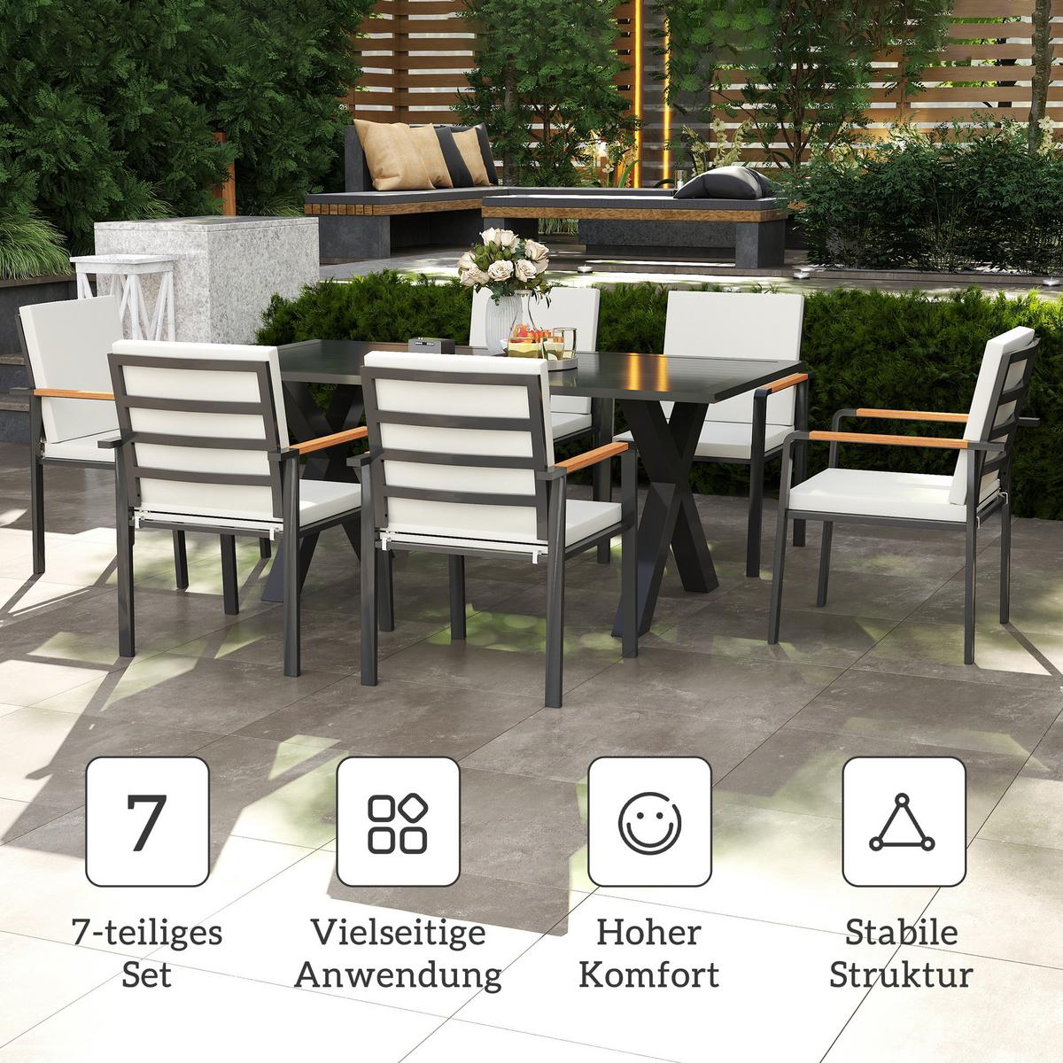 GARTENMÖBEL-SET Sitzgruppe 1 Tisch+6 Stühle mit Auflagen Wetterfest Alu Schwarz+Grau - Grau, Metall - Outsunny