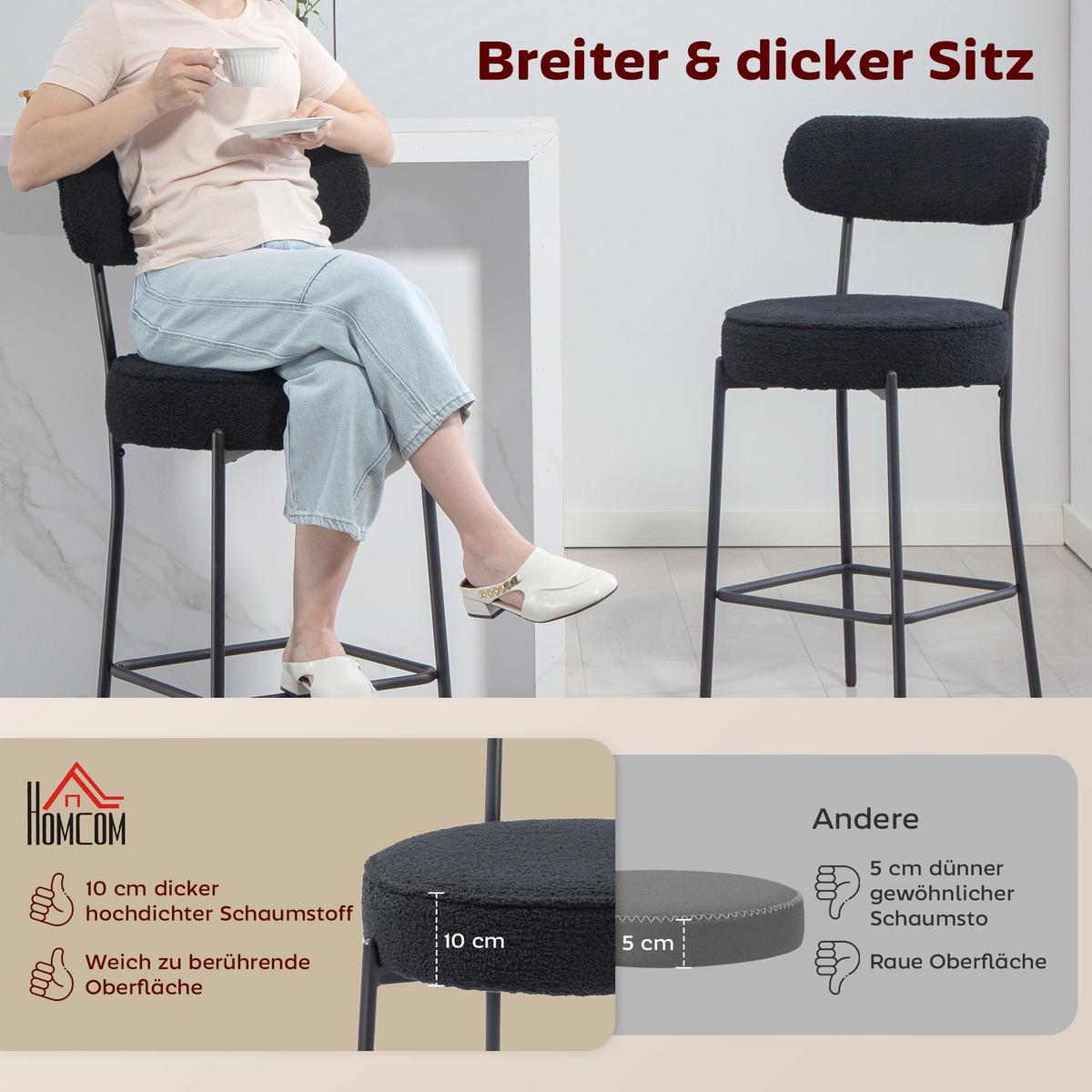 BARHOCKER 2er Set Barstühle mit Fußstütze, Lehne, 68 cm Sitzhöhe Schwarz - Schwarz, Textil (49/95/52cm) - HOMCOM