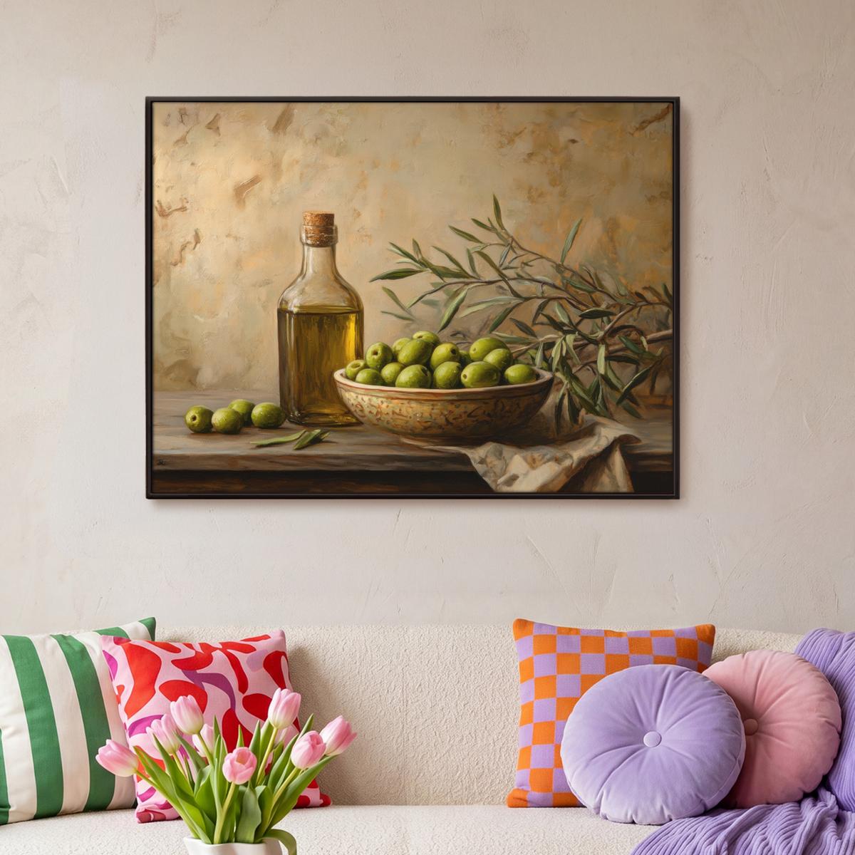 LEINWAND Bilder mit Rahmen - Oliven - Stilleben - Vintage - 100x70 - Olivgrün, Textil (100/70cm) - MuchoWow