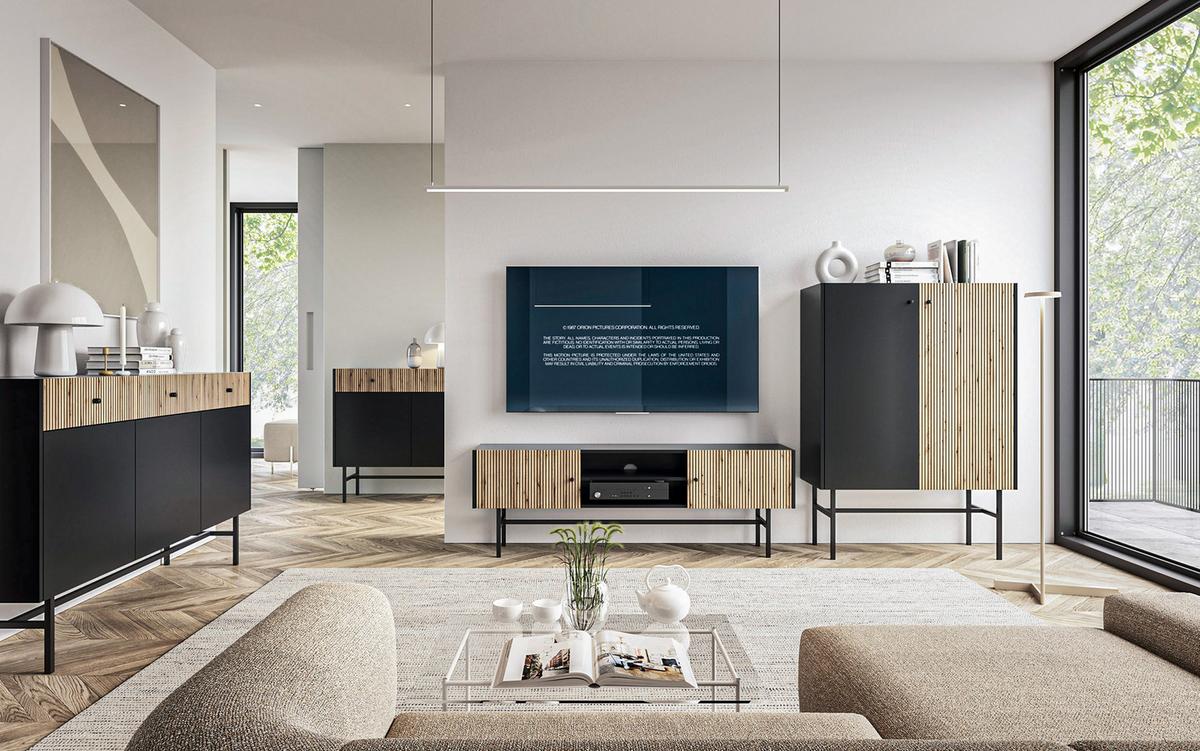 NACHTTISCH Dinley 1S Schwarz, Braun 54,8/52/39 cm – mit langen Beinen und Lamellenfront - Schwarz/Braun, Holzwerkstoff/Metall (54.8/52/39cm) - AX Living