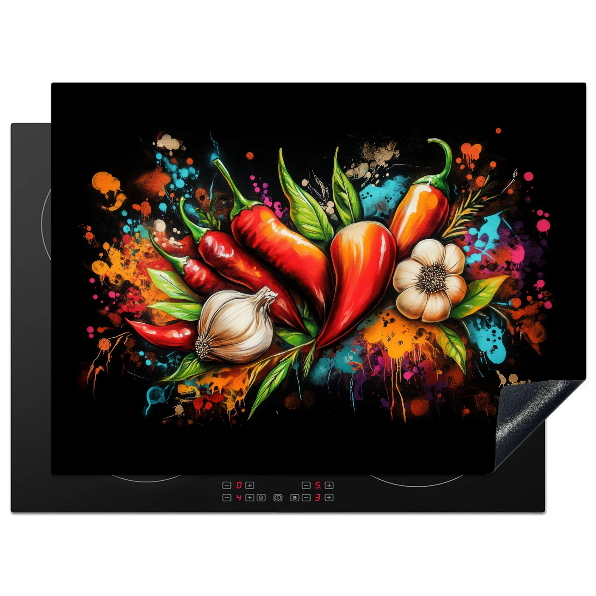HERDABDECKPLATTE Gemüse - Paprika - Knoblauch - Graffiti - Farbe - Bunt Herdabdeckung Induktionsfeld 70x52 cm - Rot, Kunststoff (70/52/0.2cm) - MuchoWow