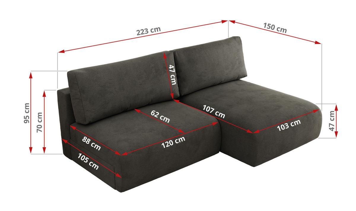 ECKSCHLAFSOFA VIVO L Dunkelgrau Velvet - rechts - Dunkelgrau/Schwarz, Kunststoff/Textil (150/223cm) - MKS