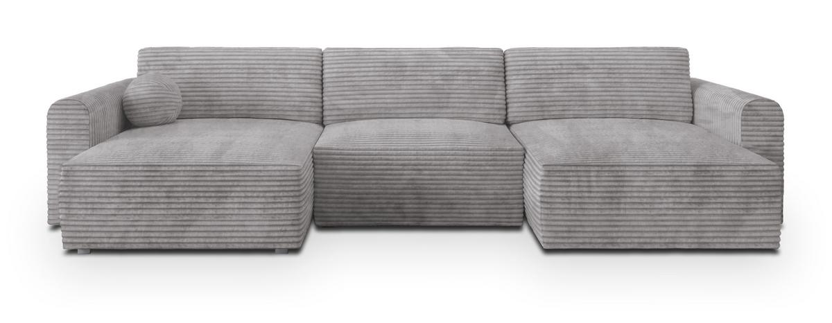 WOHNLANDSCHAFT FENTO Hellgrau Kordstoff mit Schlaffunktion - Hellgrau, Holz (347/90/148cm) - MASSENO