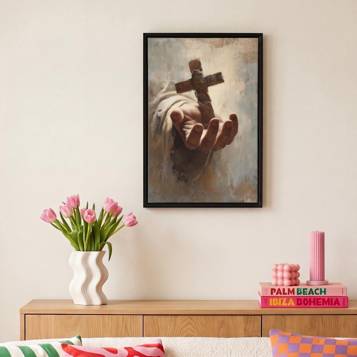 LEINWAND Bilder mit Rahmen - Abstrakt - Kreuz - Hand - Christentum - 20x30 - Hellbraun, Textil (20/30cm) - MuchoWow