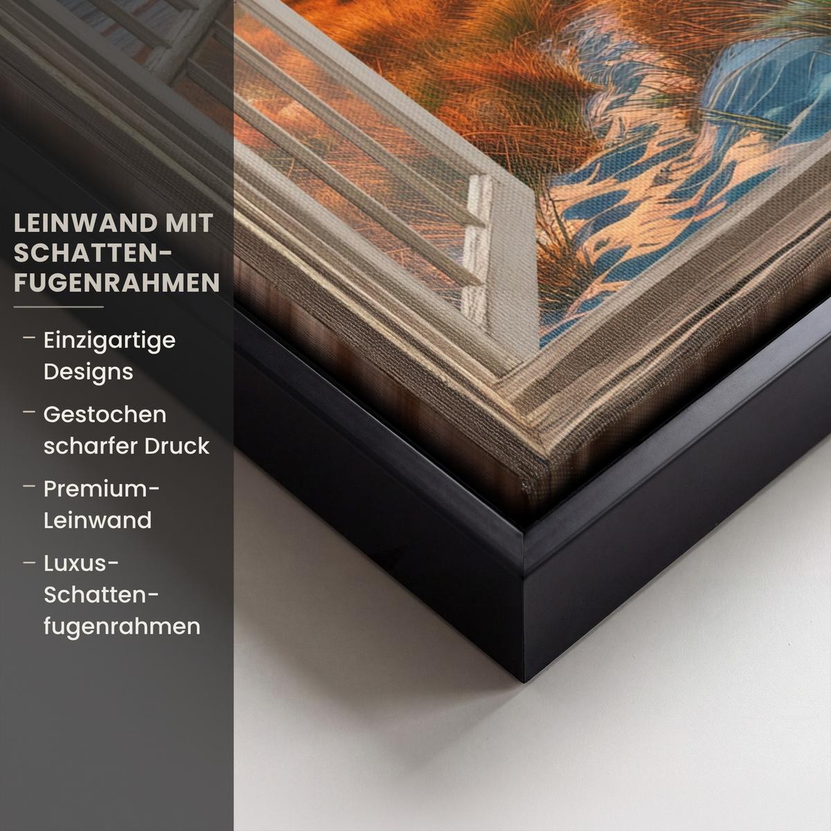 LEINWAND Bilder mit Rahmen - Aussicht - Fenster - Leuchtturm - Sonnenuntergang - Strand - 30x40 - Dunkelorange, Textil (30/40cm) - MuchoWow