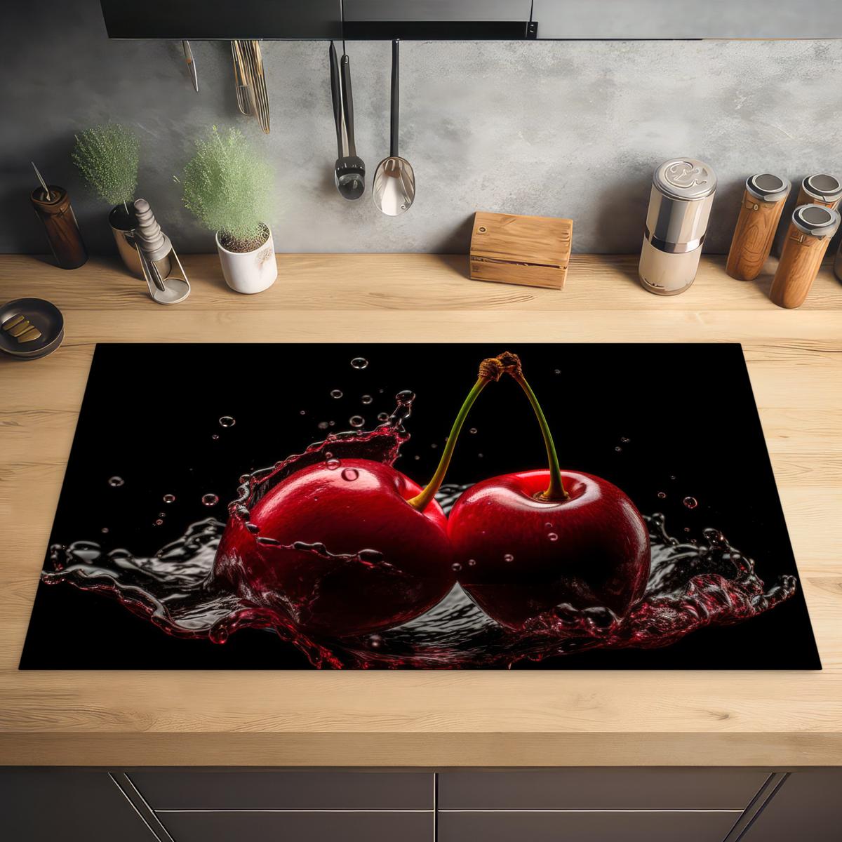 HERDABDECKPLATTE Kirsche - Rot - Frucht - Wasser - Schwarz Induktionsschutz 89.6x51.6 cm - Kirschrot, Kunststoff (89.6/51.6/0.2cm) - MuchoWow