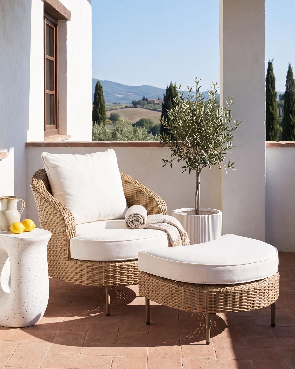 GARTENSESSEL mit Ottomane Polyrattan Beige Arcille - Beige, Kunststoff (80/80/93cm) - Beliani