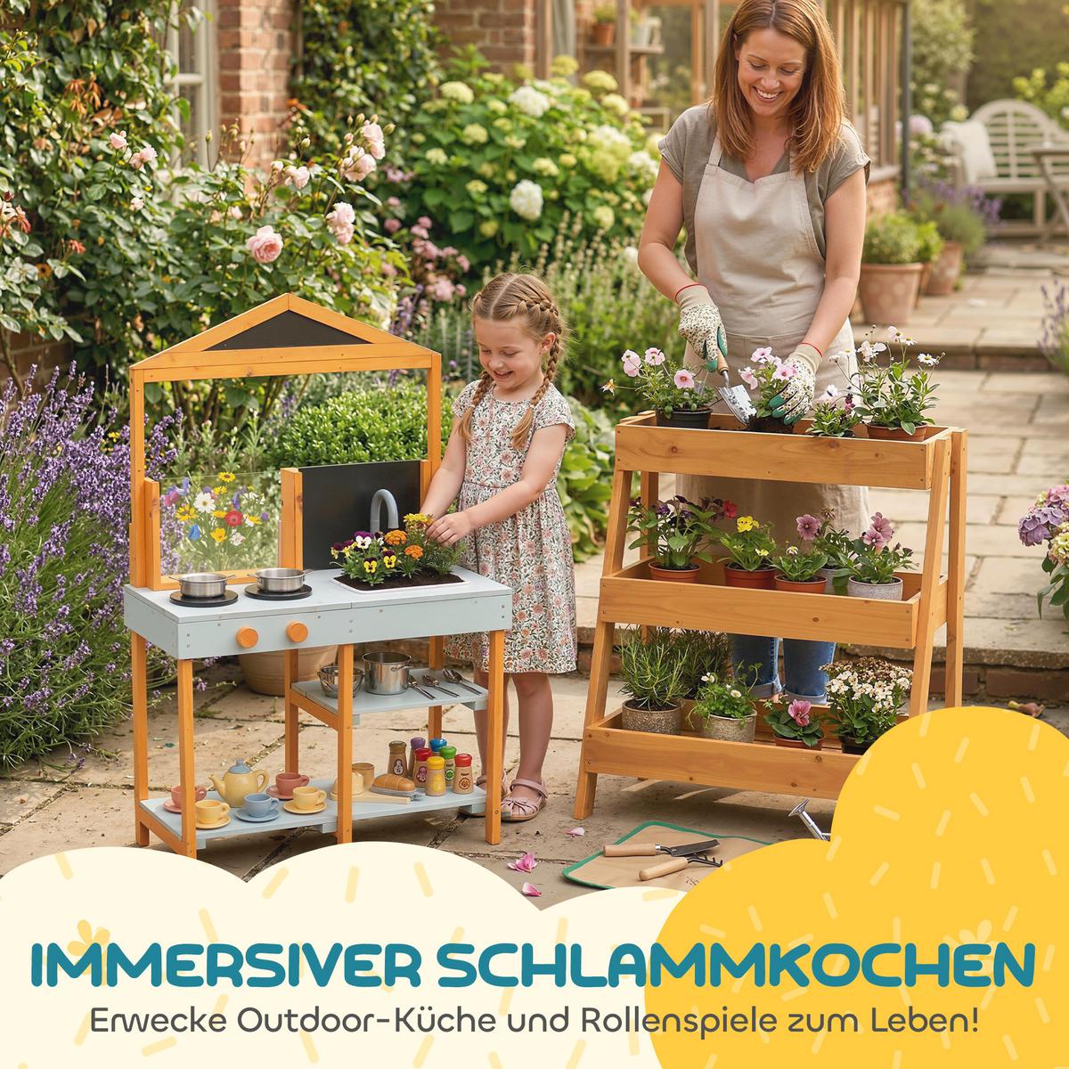 OUTDOOR-KINDER-MATSCHKÜCHE Tannenholz Edelstahl Hellblau - Hellblau, Holz (33.5/69cm) - AIYAPLAY