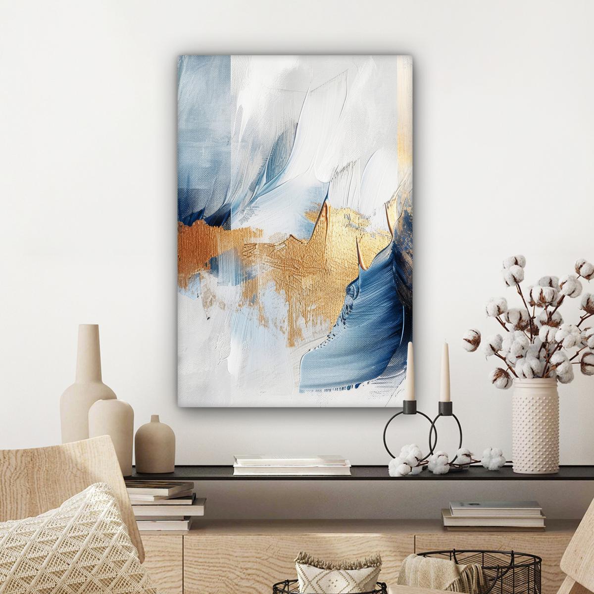LEINWANDBILD Gold - Blau - Aquarell - Kunst - Modern Wanddeko Schlafzimmer 60x90 cm - Hellblau, Textil (60/90cm) - MuchoWow