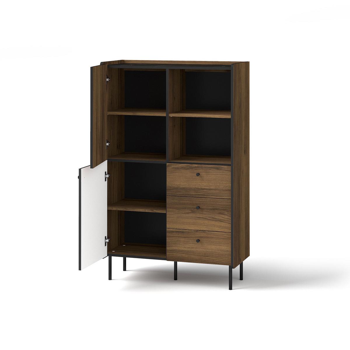 HIGHBOARD Piano mit 2 Türen und 3 Schubladen, Mattschwarz + Warmia-Nussbaum - Dunkelbraun/Schwarz, Holzwerkstoff (88/140/40cm) - Beautysofa