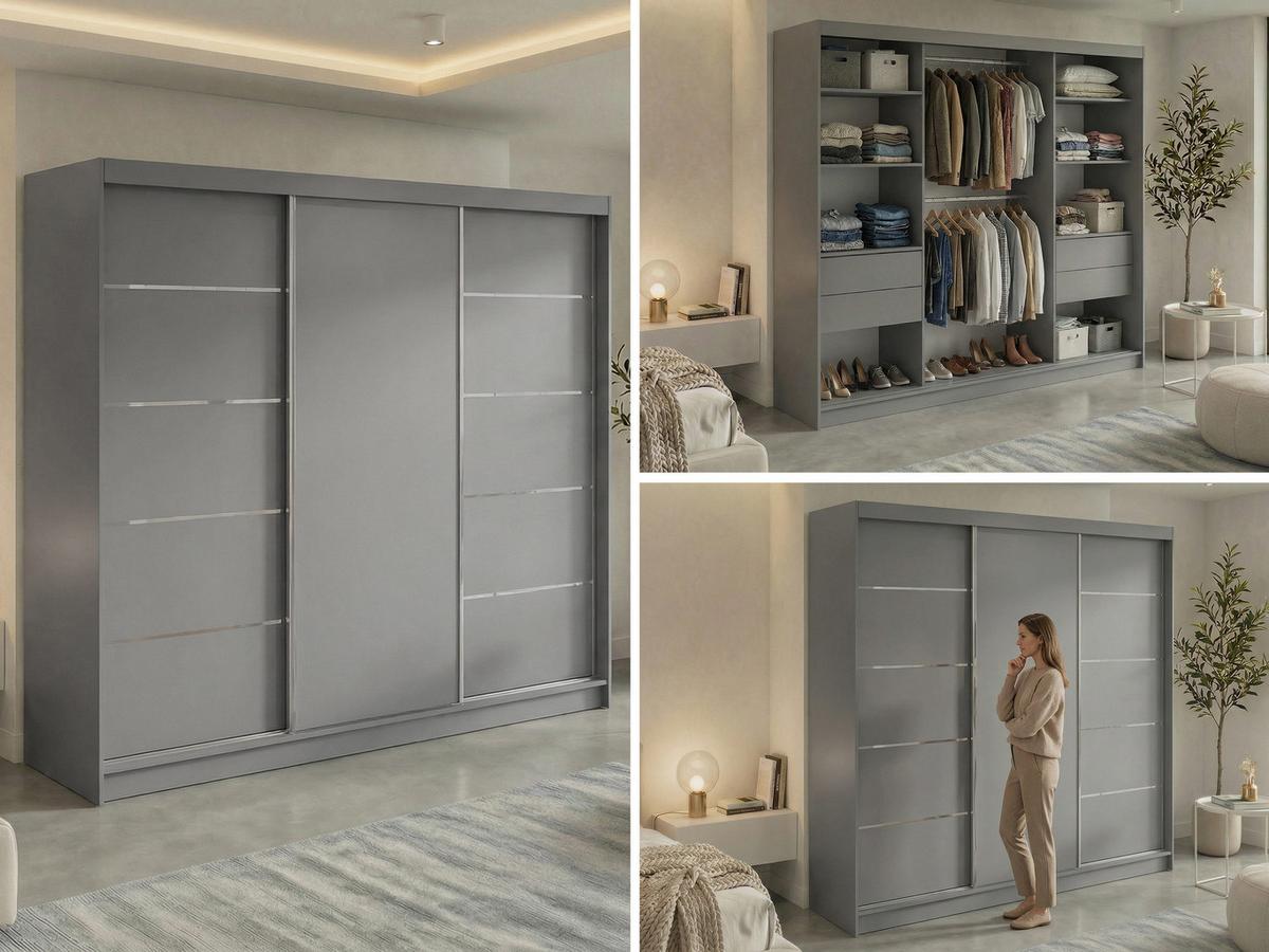 SCHWEBETÜRENSCHRANK mit Schubladen 240 - MACEDONIA - Grau - Alufarben/Grau, Holzwerkstoff/Metall (240/216/61cm) - MKS