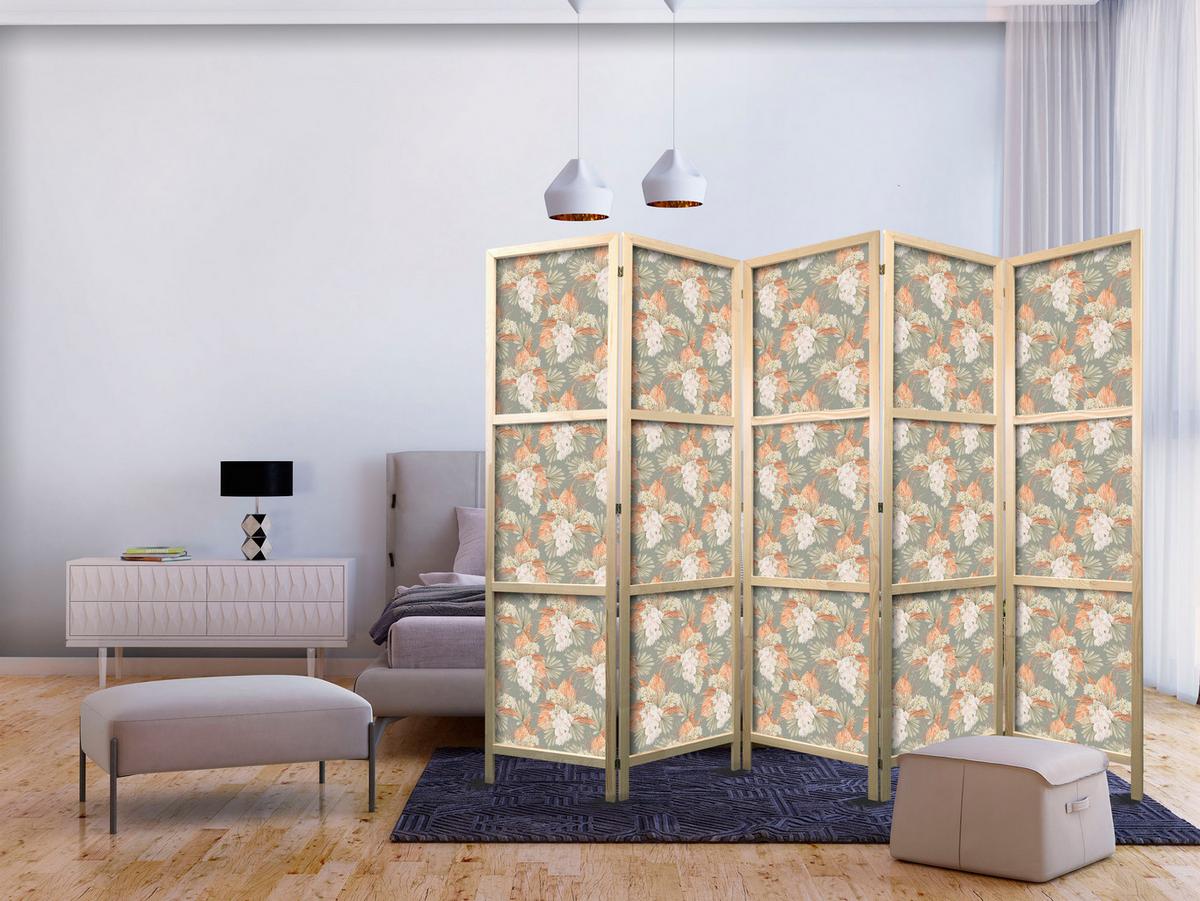 PARAVENT Japanischer 5-tlg 225x172 cm Tropische Blumen - Multicolor, Holz/Textil (225/172/3cm) - Muralo