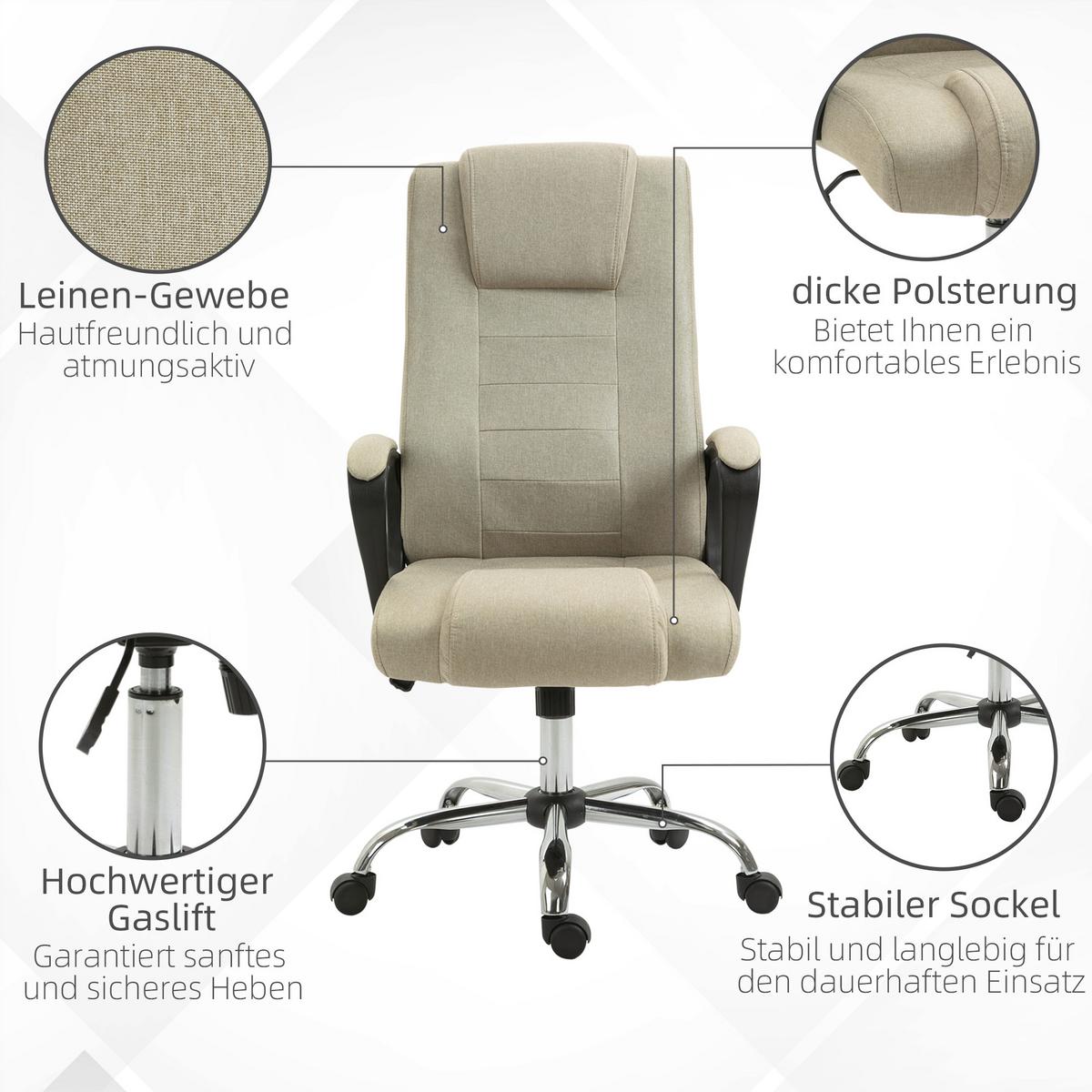 BÜROSTUHL, Ergonomisch Schreibtischstuhl mit Kopfstütze, Leinenoptik Beige - Beige, Kunststoff (62/119/76cm) - Vinsetto