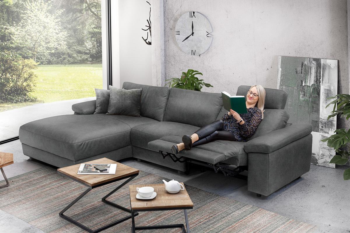 ECKSOFA XL MOTORISCHER RELAXFUNKTION LOLA Grau Leder Relaxfunktion - Schwarz/Grau, Leder (304/178cm) - KAWOLA