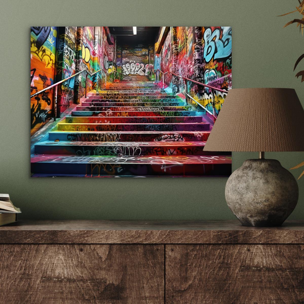 METALLBILD Treppe - Graffiti - Farben - Kunst 40x30 cm - Multicolor, Metall (40/30cm) - MuchoWow