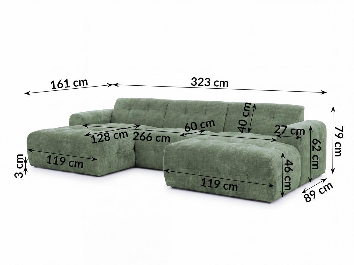 WOHNLANDSCHAFT in U-Form mit raffinierten Steppungen, 6-Sitzer, Wellenunterfederung, B323/T161/H79 cm, Chenille-Bezug in Grün / 21049 - Schwarz/Grün, Kunststoff/Textil (323/79/161cm) - luma-home