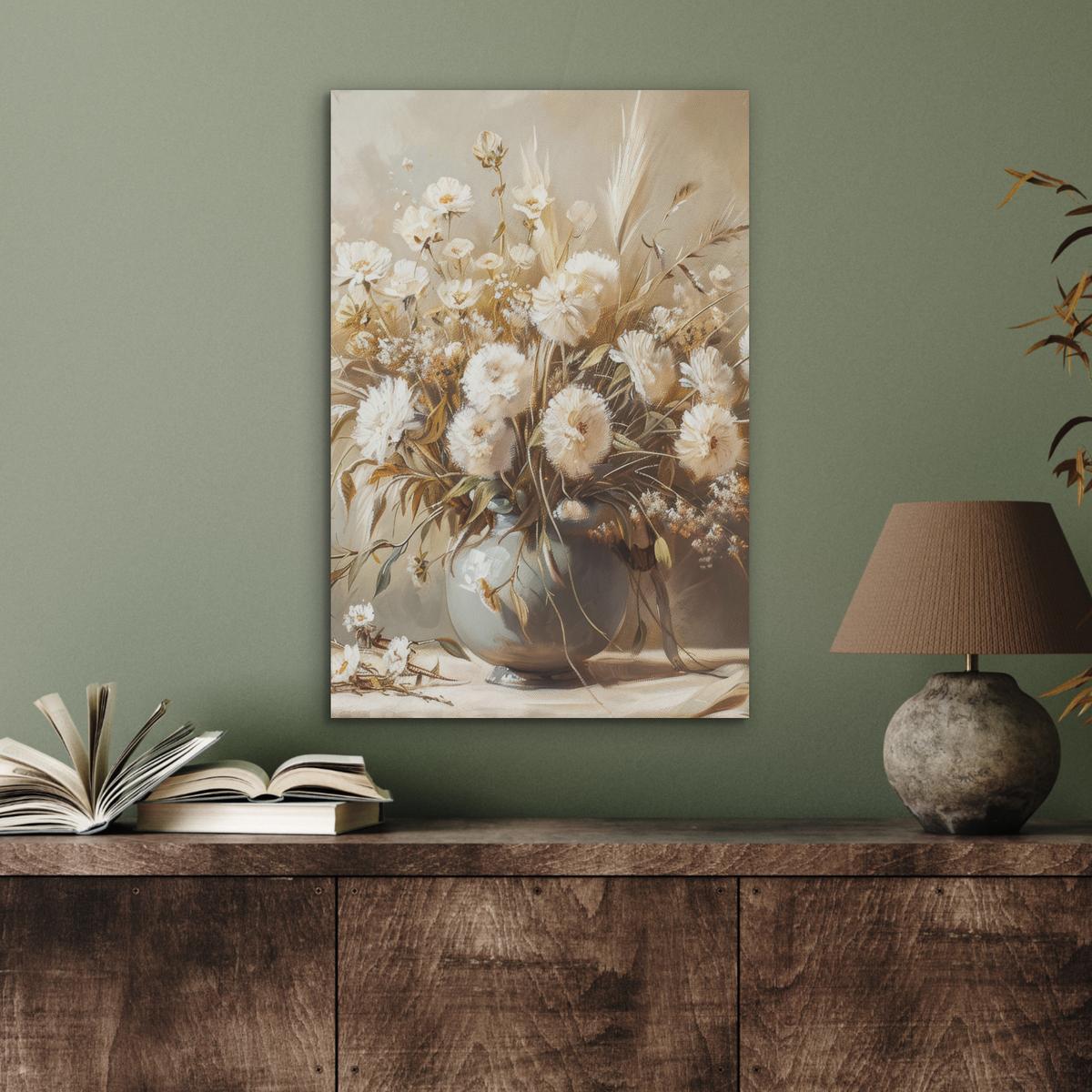 AKUSTIKBILD Blumen - Vase - Stilleben - Beige Kunstdruck Schlafzimmer 50x70 cm - Creme, Kunststoff (50/70/0.9cm) - MuchoWow