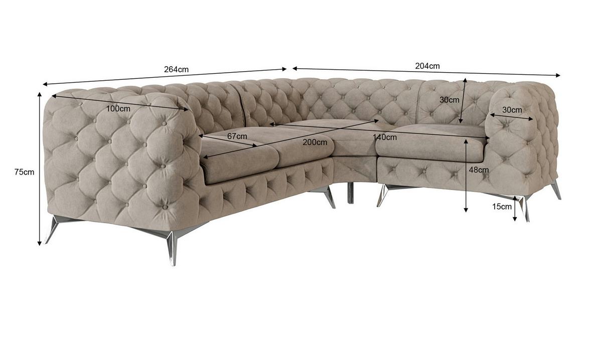ECKSOFA Chesterfield Laura Dunkle Creme Samt, Ottomane rechts - Silberfarben/Creme, Holz/Textil (264/204cm) - S-Style