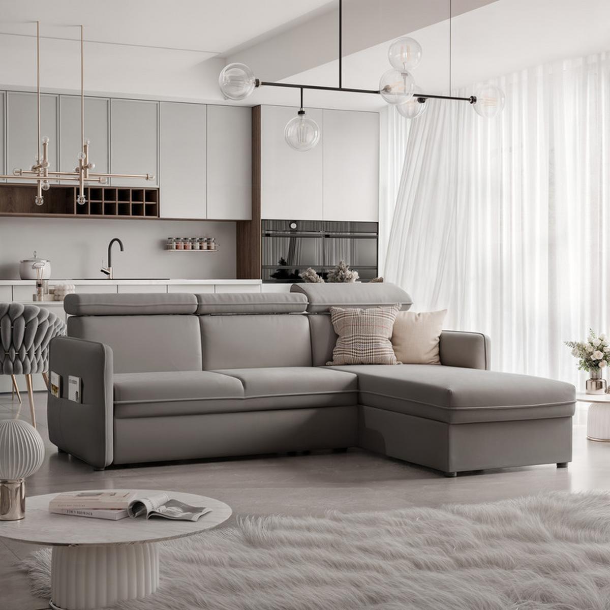 ECKSOFA BENI mit Schlaffunktion und Bettkasten, Stoff Beige - Beige, Kunststoff/Textil (220/160cm) - Idohome