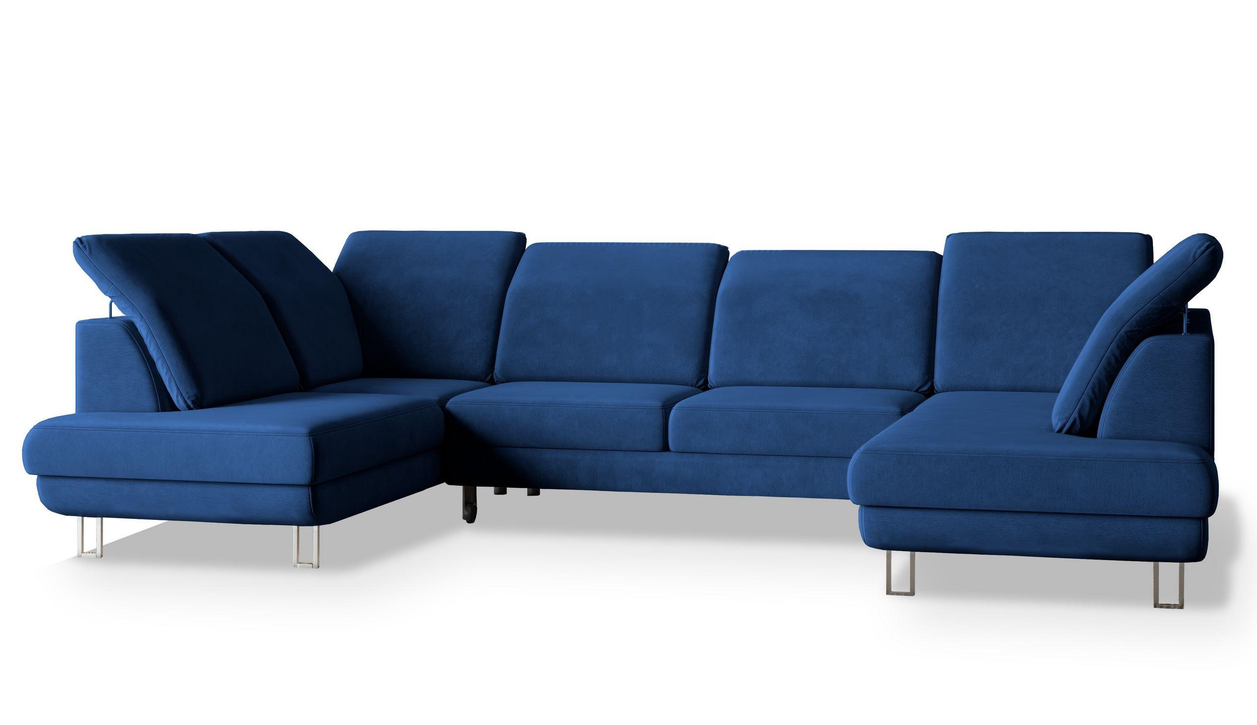 WOHNLANDSCHAFT TERAMO Blau Velours-Stoff mit Schlaffunktion - Blau/Silberfarben, Holz/Textil (316/88/193cm) - MASSENO