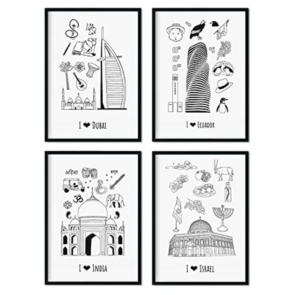 POSTER Set mit 4 Weltplatten 1 A4 Schwarzer Rahmen - Schwarz, Papier (29.7/3cm) - Nacnic