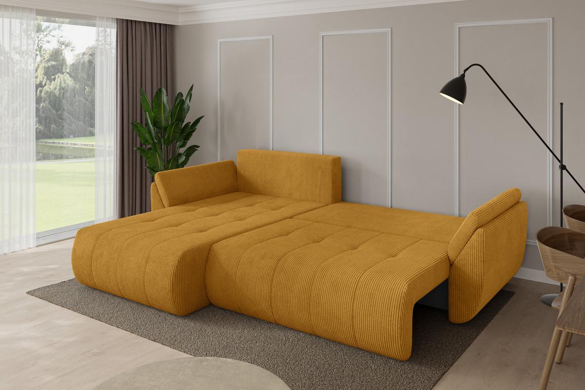 ECKSOFA mit Schlaffunktion Ottomane Links TOKO-L 277x194x86 Senfgelb Cord - Dunkelgelb/Schwarz, Holzwerkstoff/Kunststoff (277/194cm) - ALTDECOR