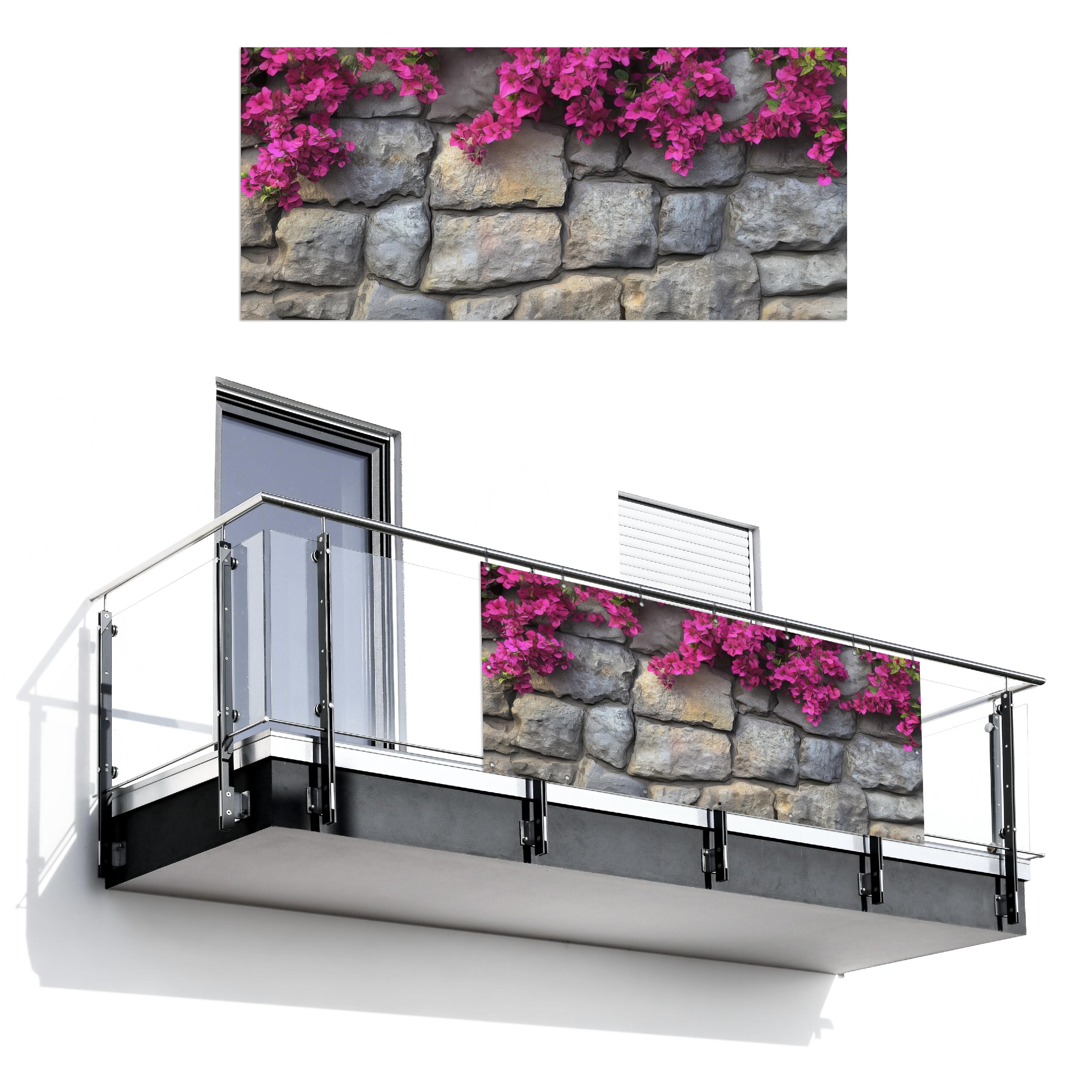 BALKON-SICHTSCHUTZ Bougainvillea - Steinmauer - Rosa Witterungsbeständig 200x90 cm - Magenta, Kunststoff (200/90cm) - MuchoWow