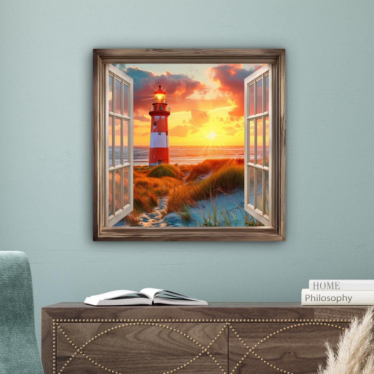 LEINWANDBILD Aussicht - Fenster - Leuchtturm - Sonnenuntergang - Strand Wandbild Wohnzimmer 50x50 cm - Dunkelorange, Textil (50/50cm) - MuchoWow