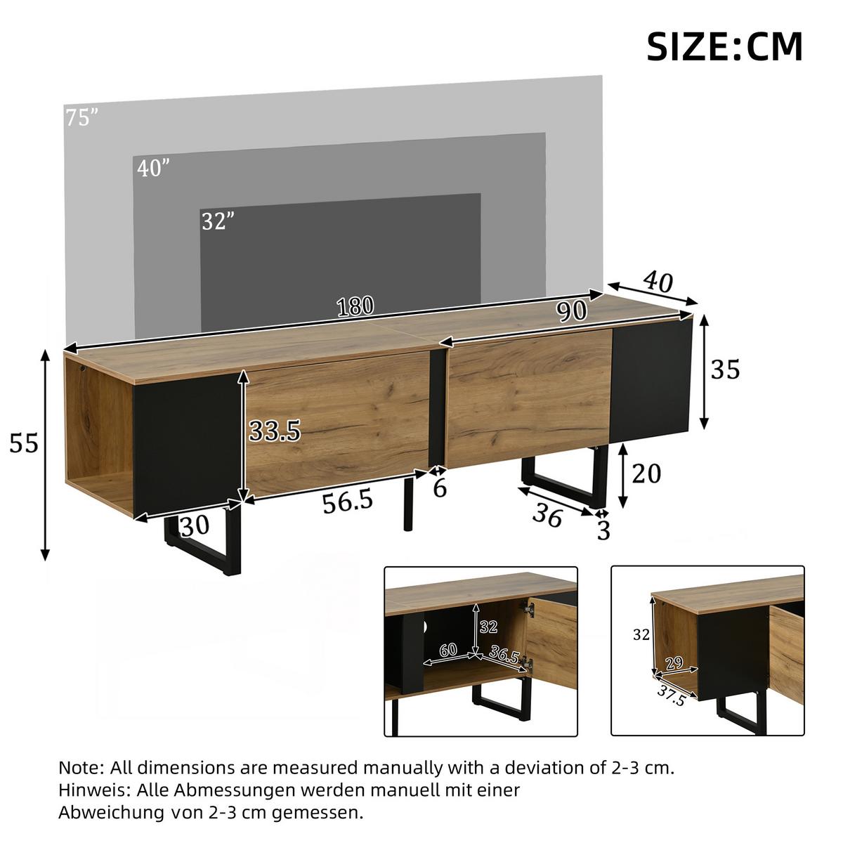 TV-LOWBOARD holzwerkstoff natur & schwarz für tvs bis 75 zoll - Naturfarben, Holzwerkstoff (180/55/40cm) - Urban Meuble