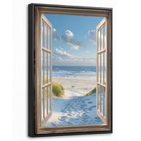 LEINWAND Bilder mit Rahmen - Aussicht - Strand - Fenster - Dünen - Meer - 40x60 - Hellblau, Textil (40/60cm) - MuchoWow