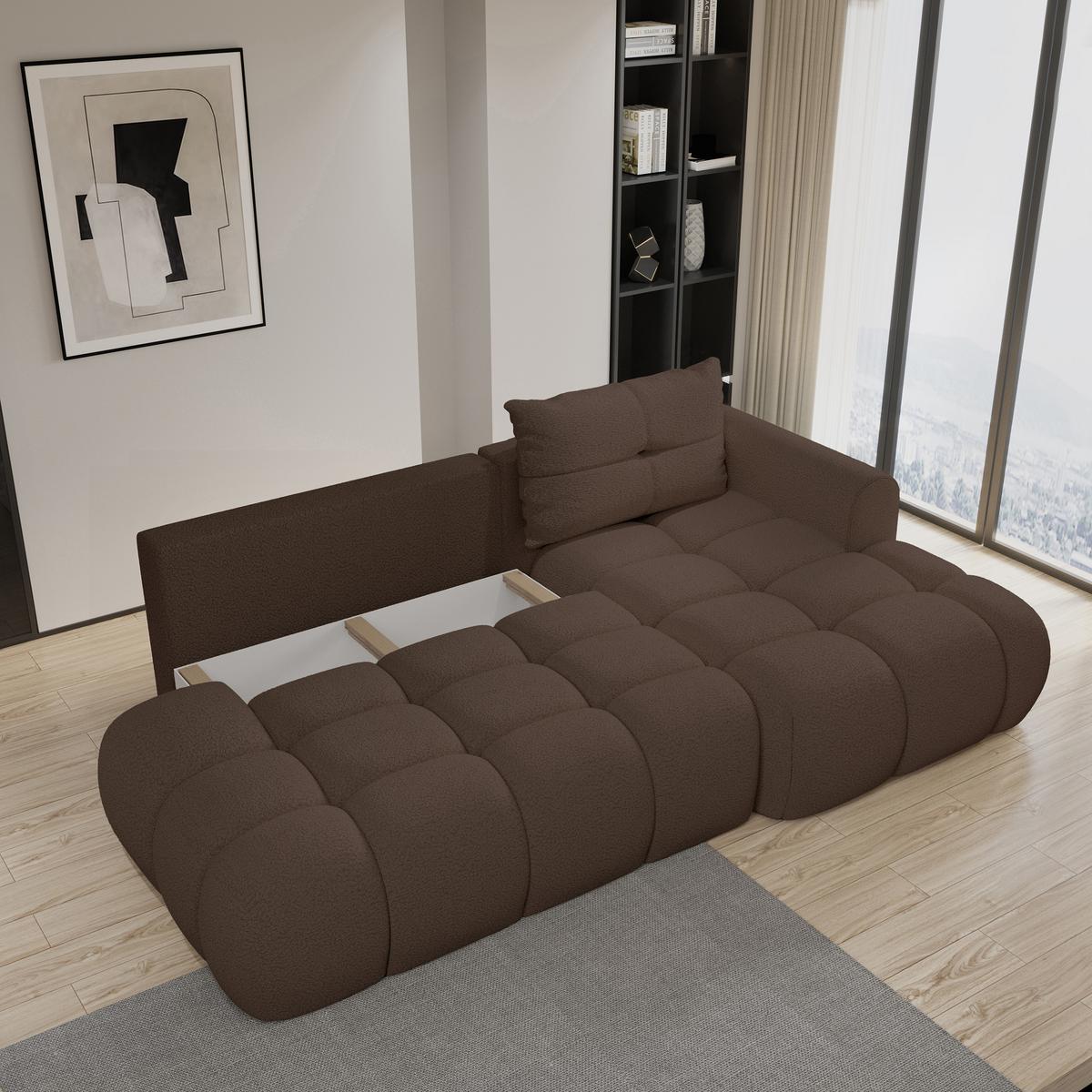 ECKSOFA FLUMA R-S Braun Boucle-Stoff mit Schlaffunktion - Braun, Holz (279/158cm) - MASSENO