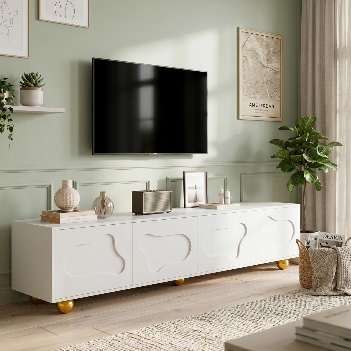 TV-LOWBOARD Lowboard Weiß Wolkenform 4 Türen für 75-Zoll TV 180cm - Weiß, Holzwerkstoff (180/45/40cm) - Urban Meuble