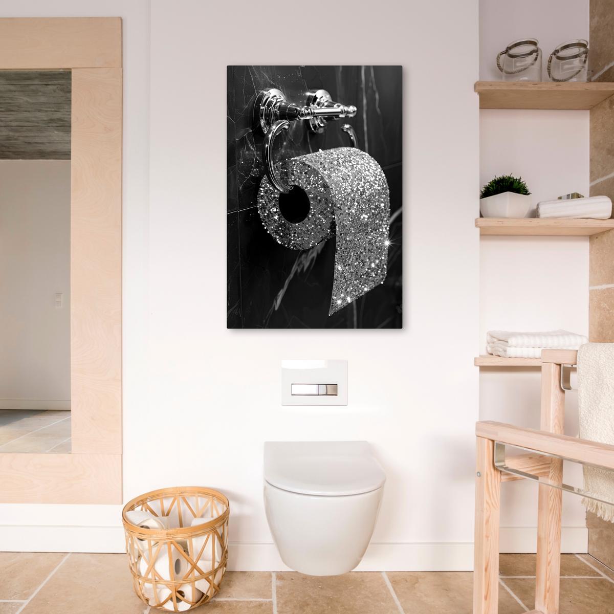 LEINWANDBILD WC - Toilettenpapier - Schwarz und weiß - Glitter Wanddeko Schlafzimmer 60x90 cm - Silberfarben, Textil (60/90cm) - MuchoWow