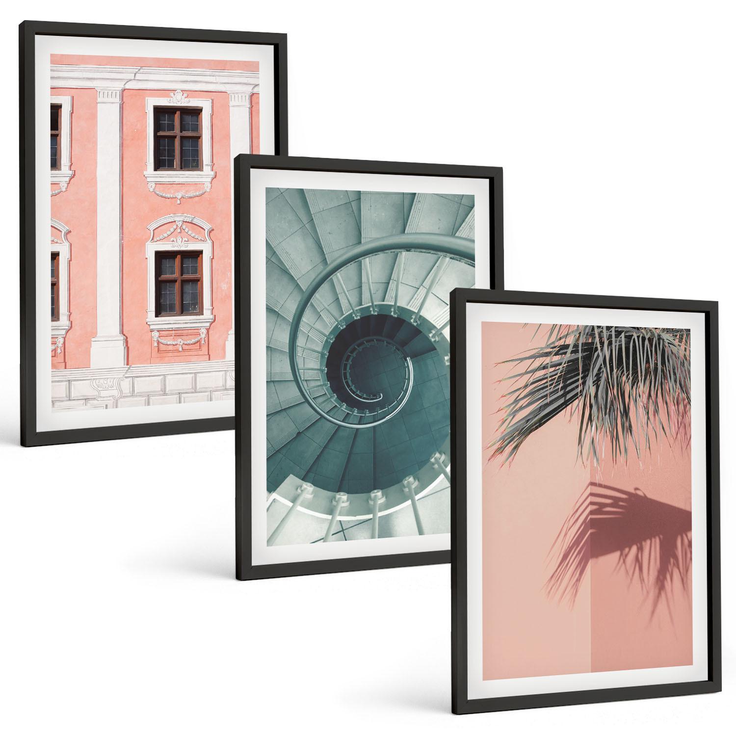 BILDER SET 3er Set - 40x60 cm Schwarzer Rahmen - Pastellfarbene Spiralarchitektur - Schwarz, Kunststoff (40/60cm) - TULUP