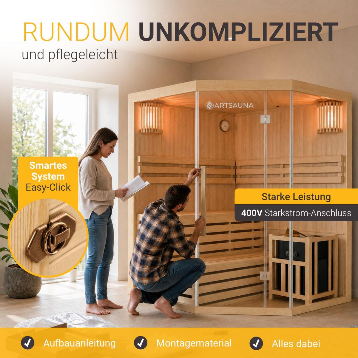 SAUNAKABINE Finnische Sauna Espoo150 Premium - Naturfarben, Holz (150/200/150cm) - Artsauna