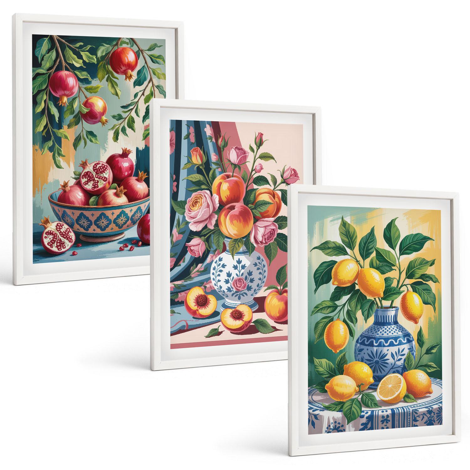 BILDER SET 3er Set - 40x60 cm Weißer Rahmen - Blumen und Früchte in Vasen - Weiß, Kunststoff (40/60cm) - TULUP