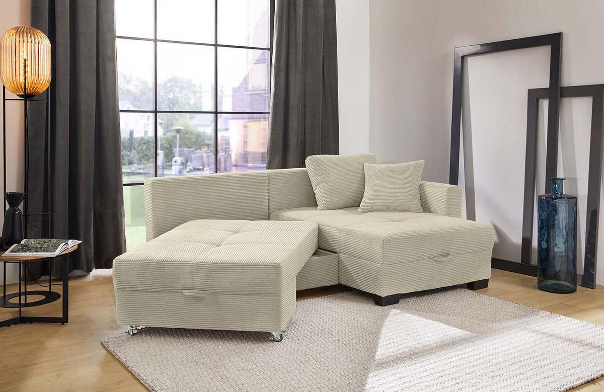 ECKSOFA Doppelbett mit Bettkasten, seitenverkehrt montierbar B247/T155/H87 cm, Liegefläche 183x207 cm, Cord Beige Grau / 15215 - Greige/Schwarz, Kunststoff/Textil (247/155cm) - luma-home