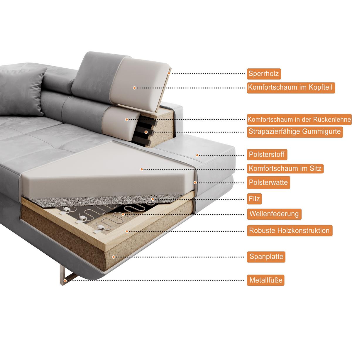 ECKSCHLAFSOFA Vild verstellbaren Kopfstützen, Grau, rechts - Chromfarben/Grau, Textil (275/203cm) - Beautysofa