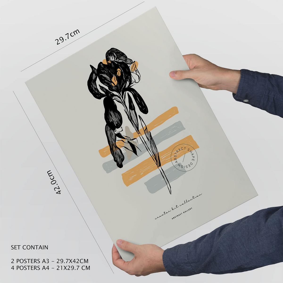 POSTER Set Mit 6 In Schwarzer Tinte Blumen Kunstdrucke Im Skizzenstil Für Innenarchitektur A3 & A4 Rahmen Aus Hellem Holz - Beige, Papier (29/3cm) - Nacnic