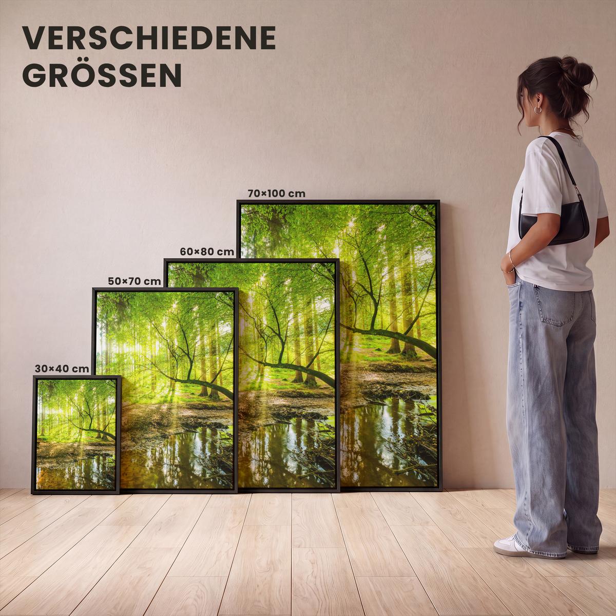 LEINWAND Bilder mit Rahmen - Wald - Landschaft - Wasser - Bäume - Sonne - Grün - Natur - 30x40 - Grün, Textil (30/40cm) - MuchoWow