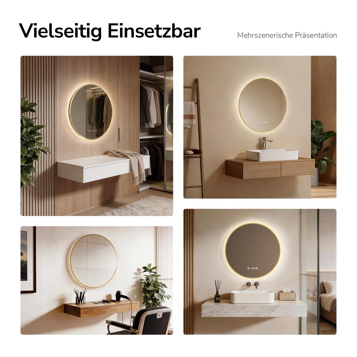 BADSPIEGEL mit LED-Beleuchtung Anti-Beschlag Zeitanzeige Goldfarben Ø 60 cm - Goldfarben, Glas (60/3/3cm) - EMKE