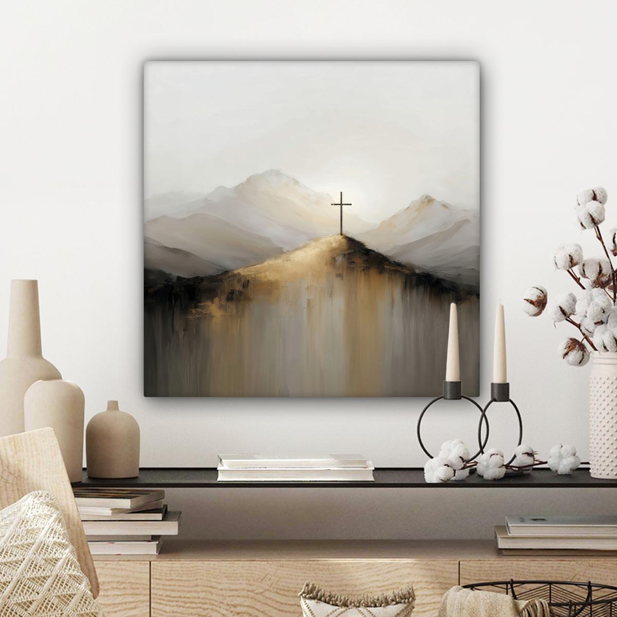 LEINWANDBILD Hügel - Abstrakt - Kreuz - Christentum Wandbild Wohnzimmer 50x50 cm - Beige, Textil (50/50cm) - MuchoWow