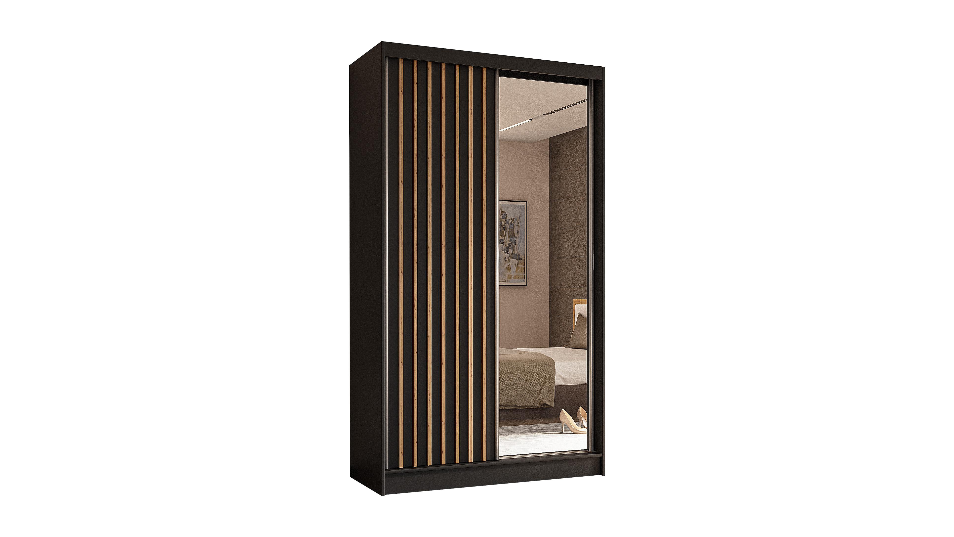 KLEIDERSCHRANK mit Spiegel-Schiebetüren und Aluminium-Leisten, LED-Beleuchtung -LAMELO- 120 cm Schwarz+Schwarz+Artisan - Schwarz/Eiche Artisan, Holzwerkstoff (120/216/61cm) - ALTDECOR