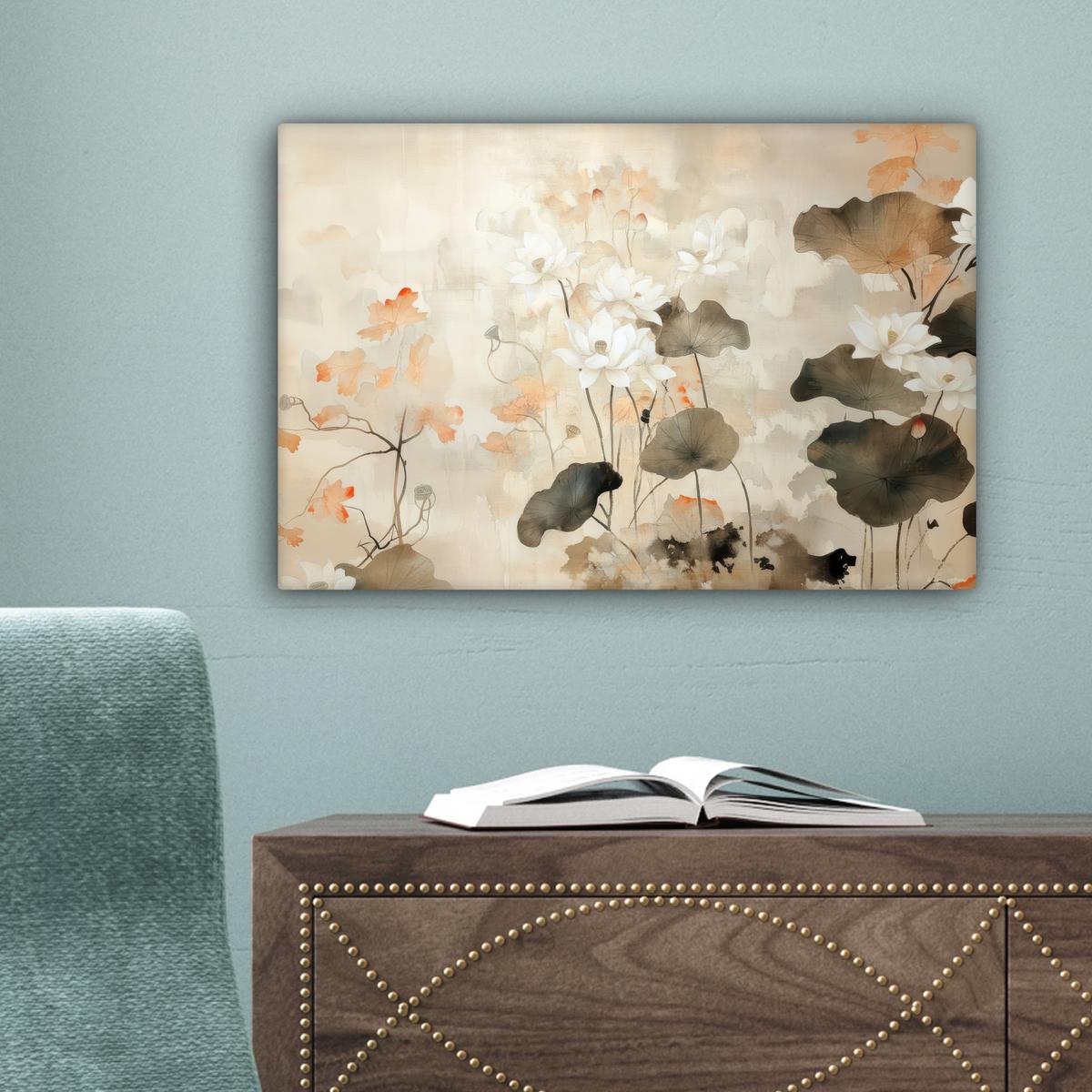 LEINWANDBILD Blumen - Japandi - Wabi sabi Deko Schlafzimmer 30x20 cm - Sandfarben, Textil (30/20cm) - MuchoWow