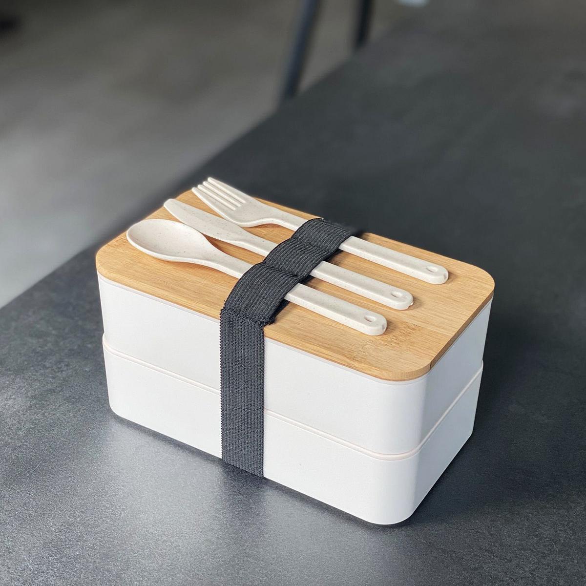 LUNCH BROTBOX mit Messer Gabel Löffel - Weiß, Naturmaterialen (10.5/9.3/18.5cm) - Intirilife