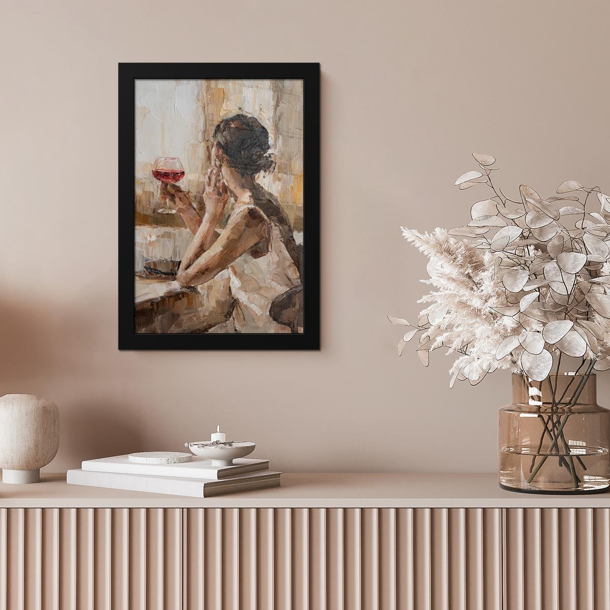 POSTER MIT RAHMEN Ölgemälde - Frau - Wein Poster 20x30 cm - Hellbraun, Papier (20/30cm) - MuchoWow