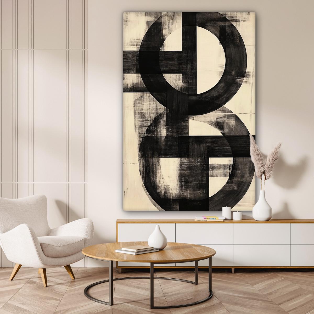 LEINWANDBILD Kreise - Balken - Schwarz - Abstrakt Deko Groß 90x140 cm - Schwarz, Textil (90/140cm) - MuchoWow